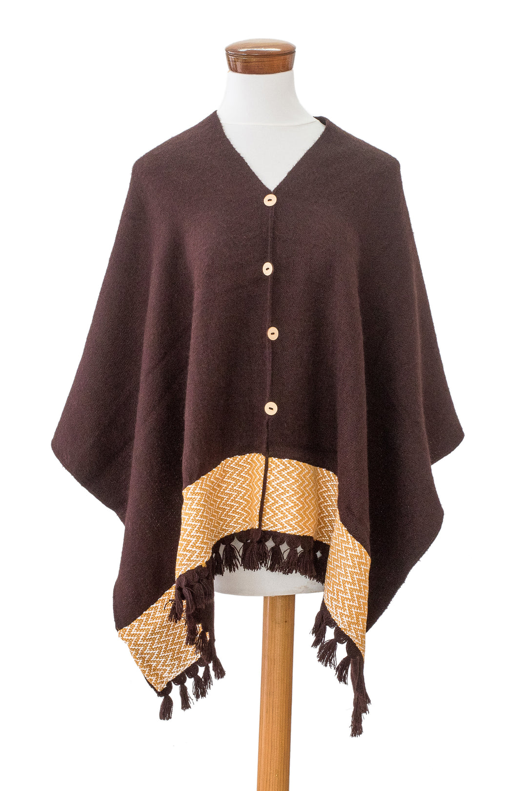 Chocolate-Hued Handwoven Poncho with Wooden Buttons - Chocolate Zigzag