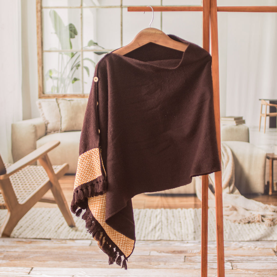 Chocolate-Hued Handwoven Poncho with Wooden Buttons - Chocolate Zigzag
