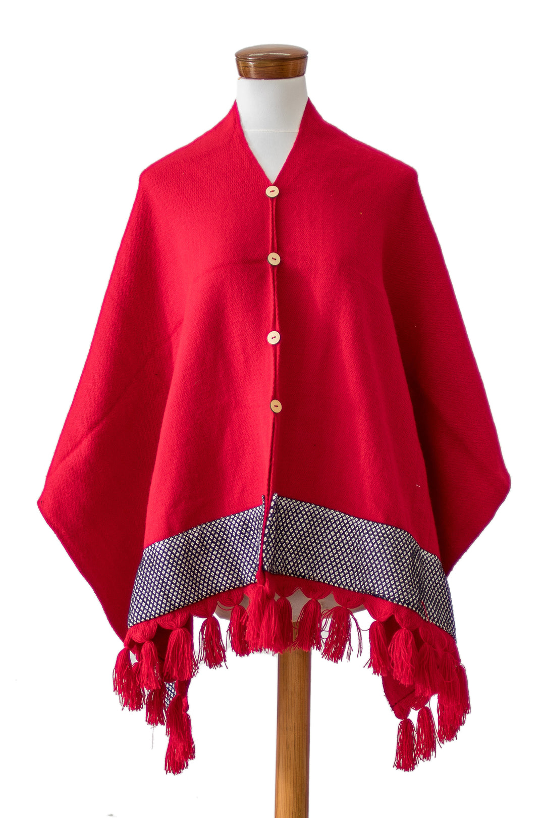 Red Handloomed Geometric-Themed Poncho with Tassels - Crimson Zigzag