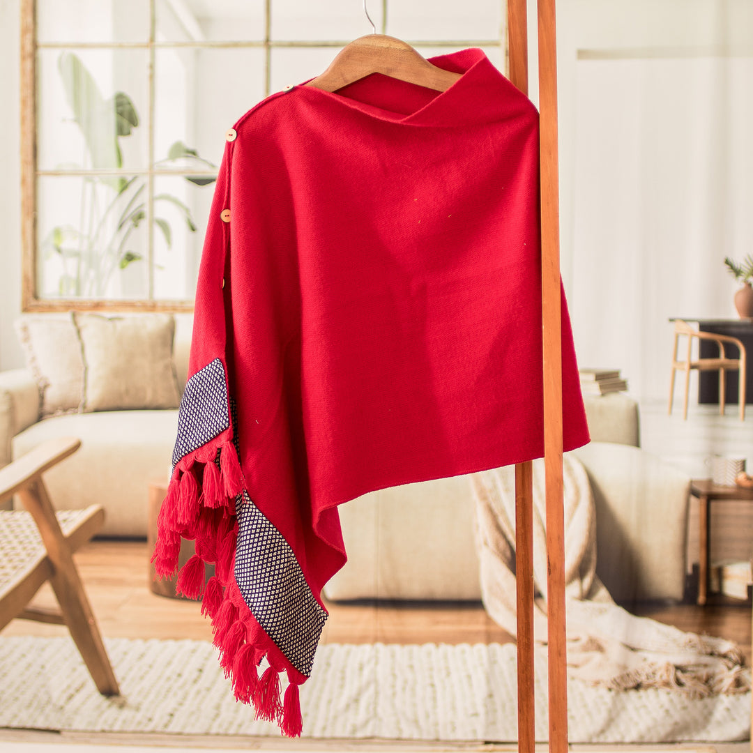 Red Handloomed Geometric-Themed Poncho with Tassels - Crimson Zigzag