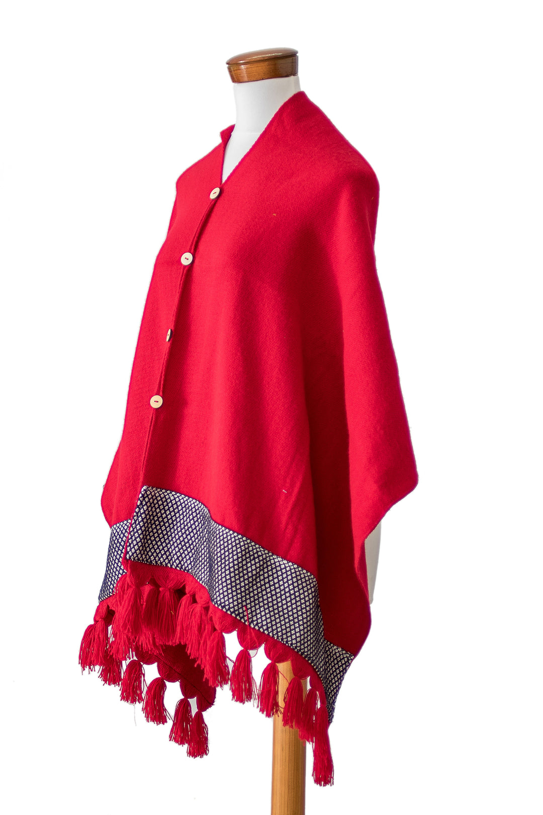 Red Handloomed Geometric-Themed Poncho with Tassels - Crimson Zigzag