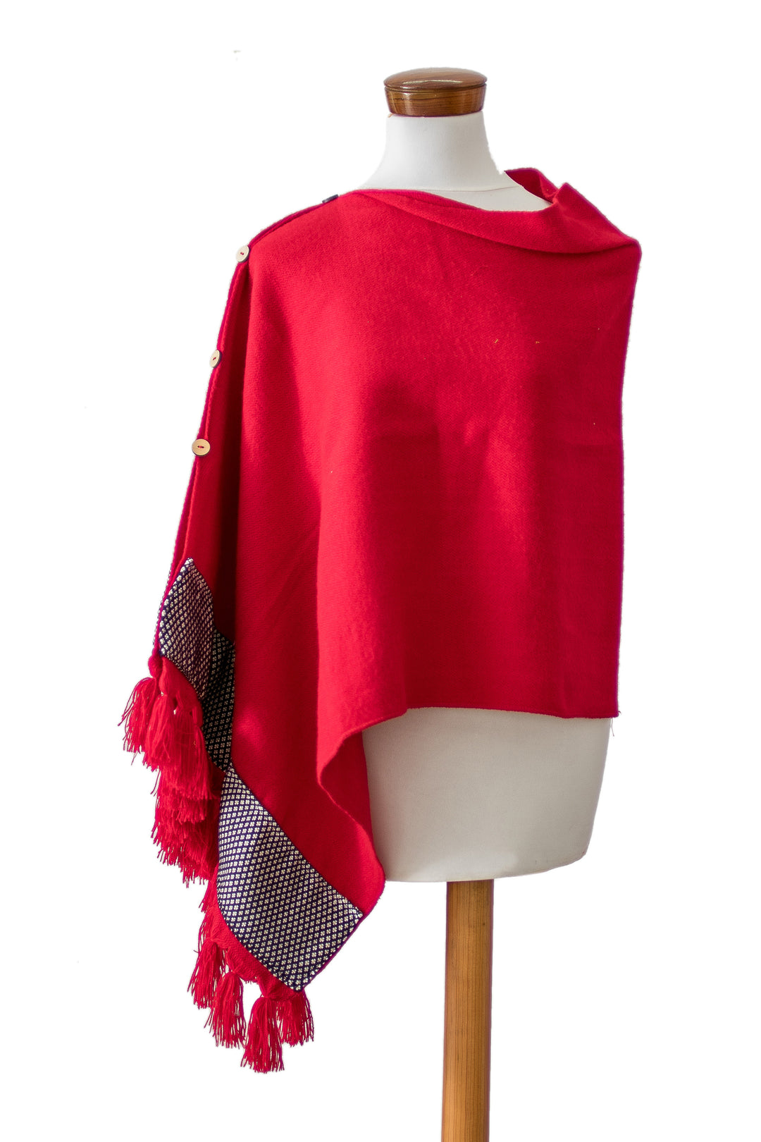 Red Handloomed Geometric-Themed Poncho with Tassels - Crimson Zigzag