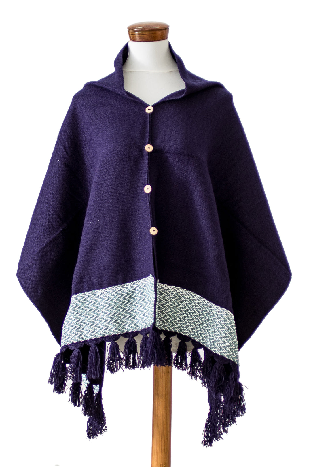 Purple Handwoven Acrylic Poncho with Geometric Cotton Panel - Purple Zigzag