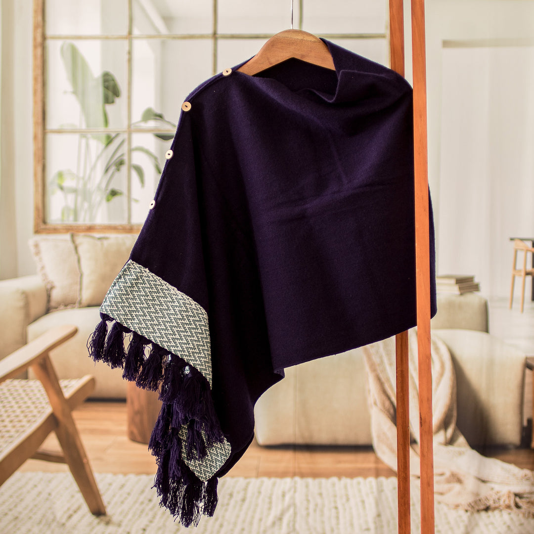 Purple Handwoven Acrylic Poncho with Geometric Cotton Panel - Purple Zigzag