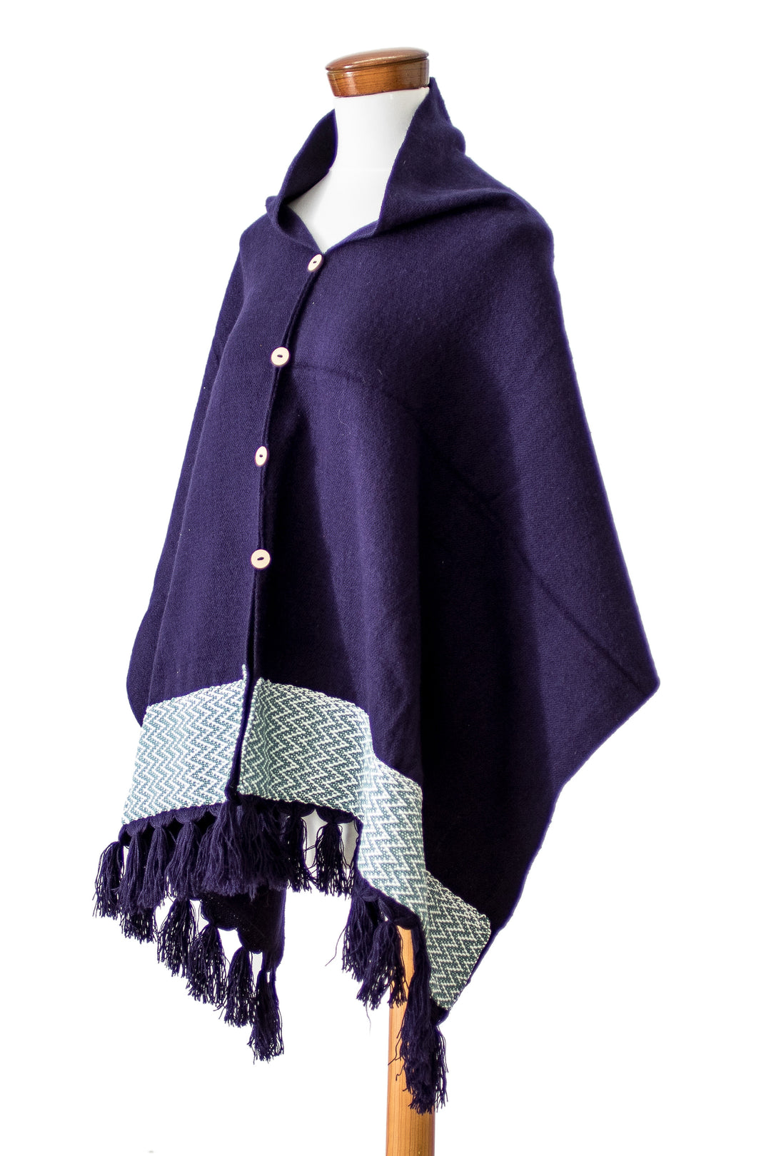 Purple Handwoven Acrylic Poncho with Geometric Cotton Panel - Purple Zigzag