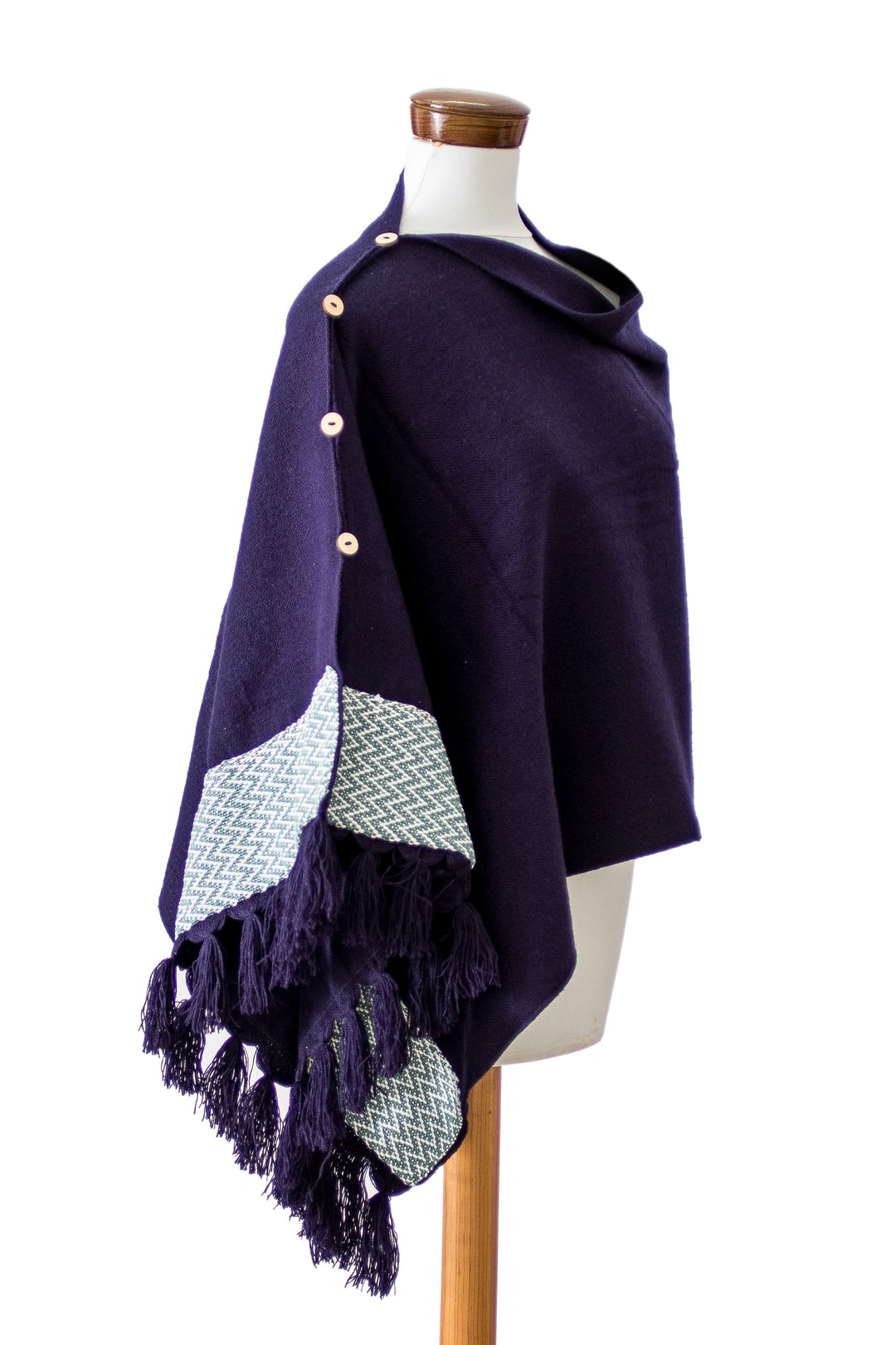 Purple Handwoven Acrylic Poncho with Geometric Cotton Panel - Purple Zigzag