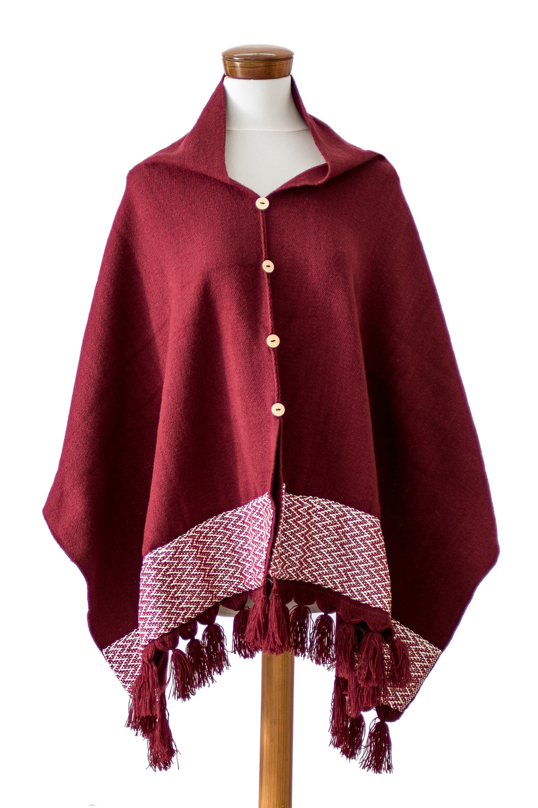 Burgundy Handloomed Poncho with Cotton Panel and Tassels - Burgundy Zigzag