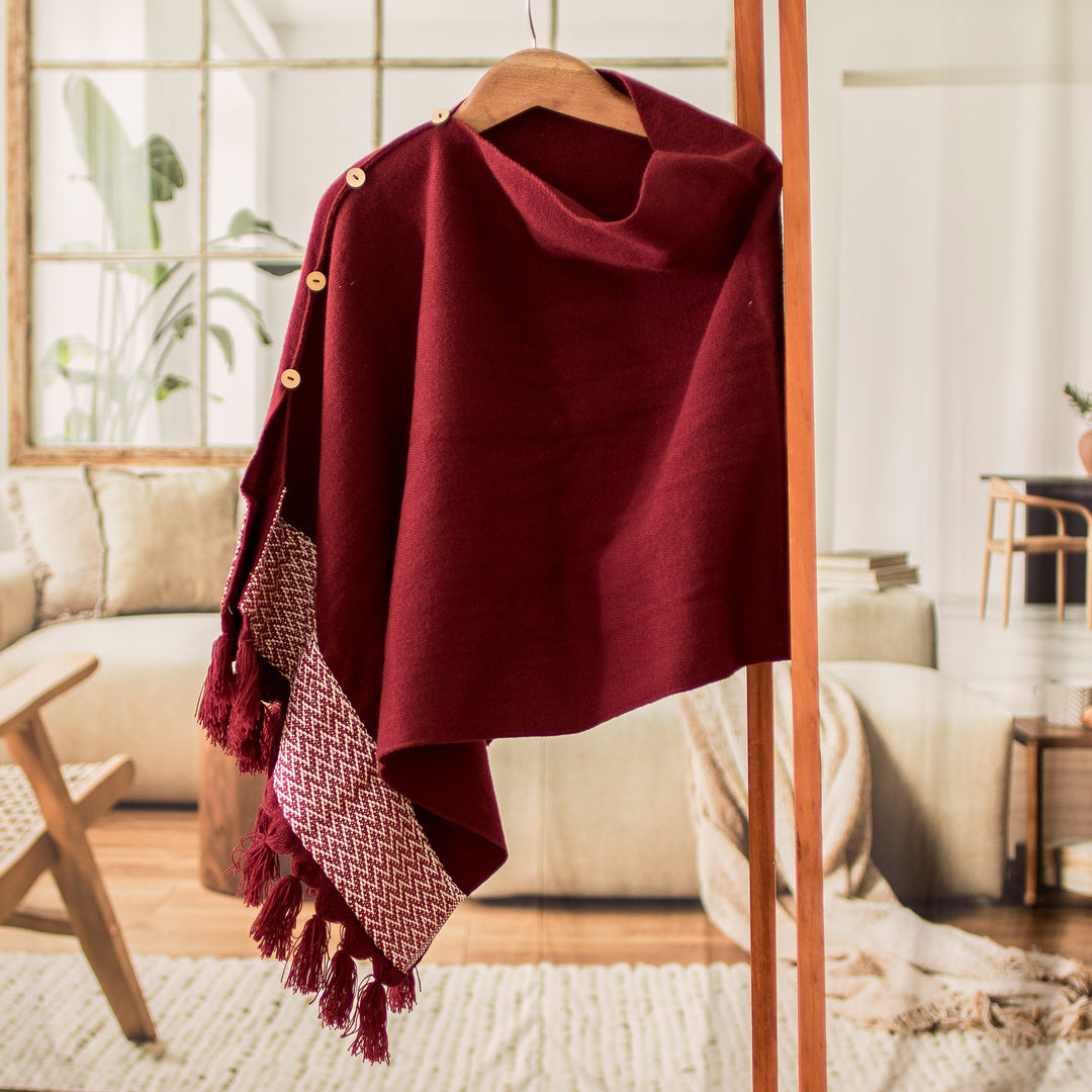 Burgundy Handloomed Poncho with Cotton Panel and Tassels - Burgundy Zigzag