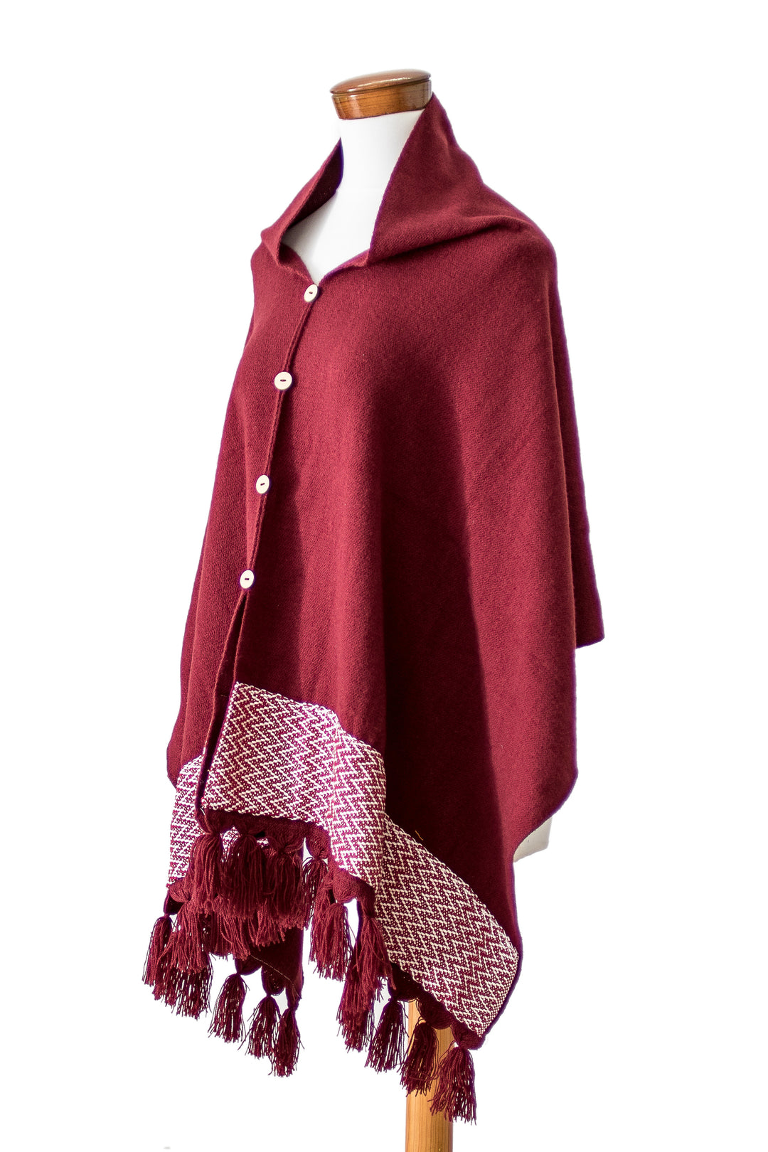 Burgundy Handloomed Poncho with Cotton Panel and Tassels - Burgundy Zigzag