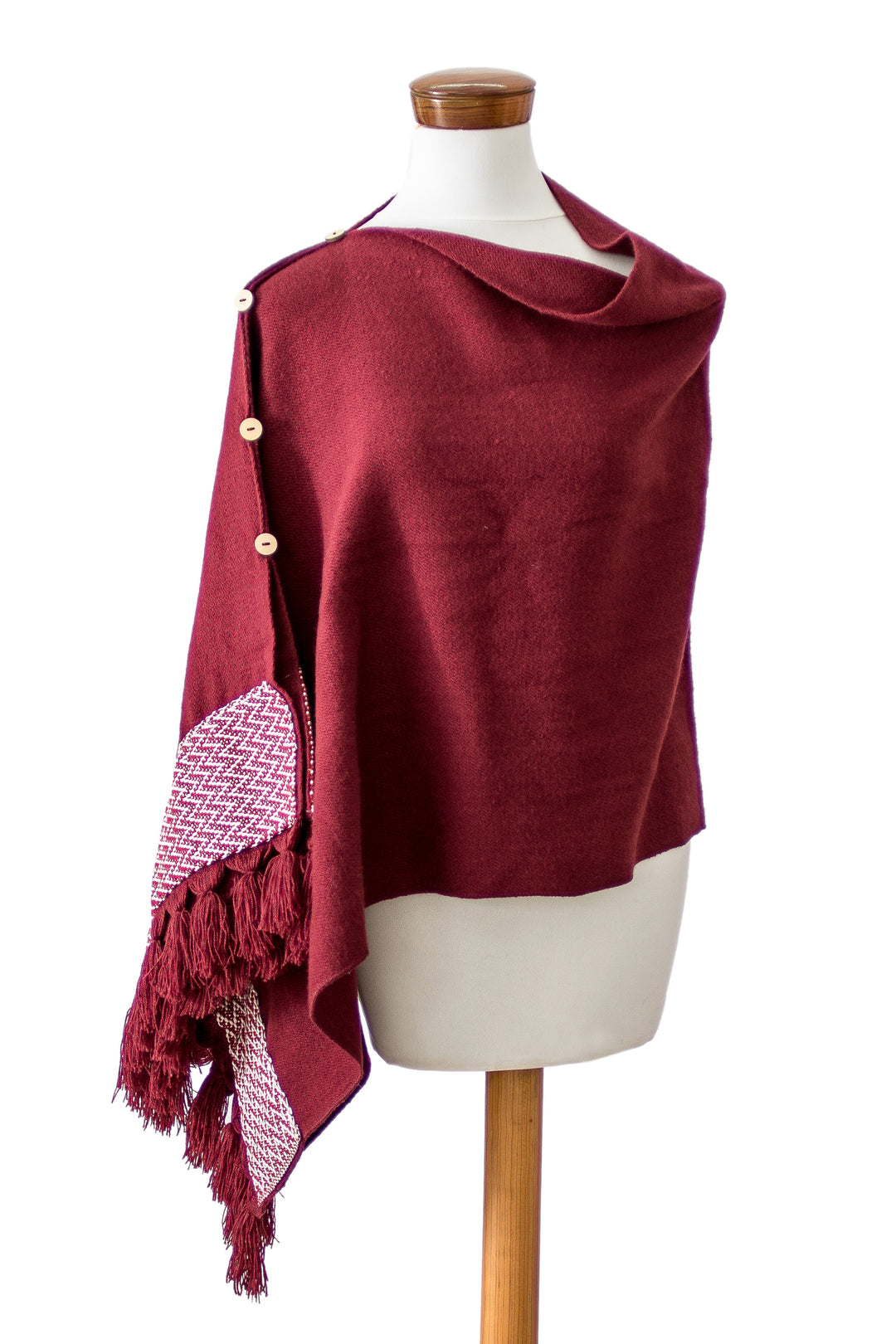 Burgundy Handloomed Poncho with Cotton Panel and Tassels - Burgundy Zigzag