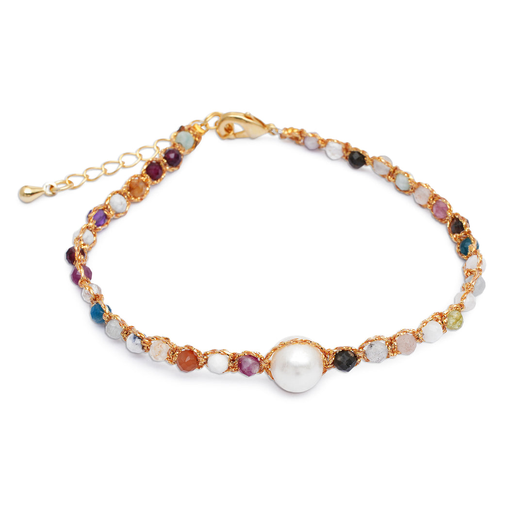 Natural Tourmaline and White Cultured Pearl Beaded Bracelet - Ocean Rainbow