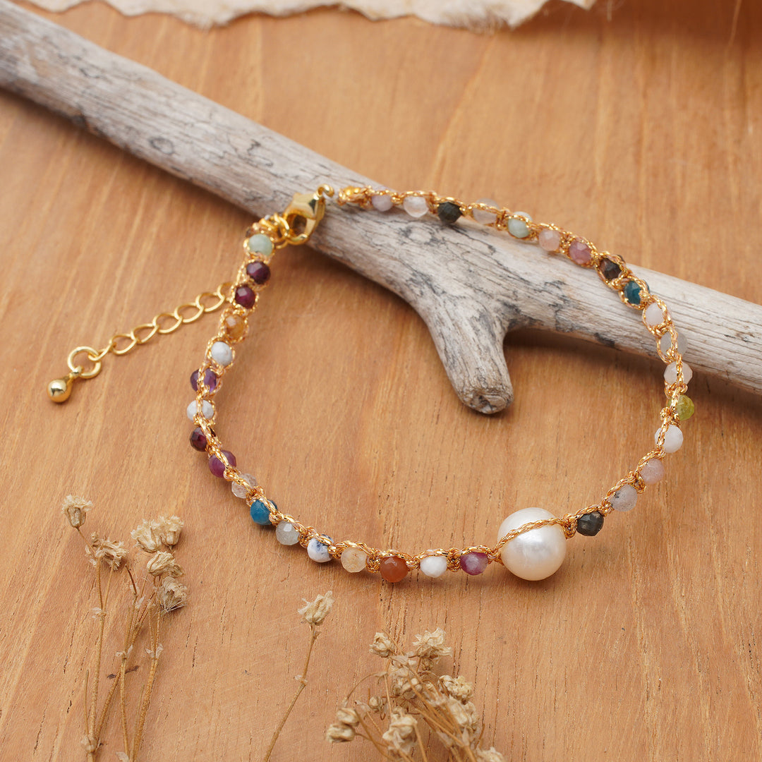 Natural Tourmaline and White Cultured Pearl Beaded Bracelet - Ocean Rainbow