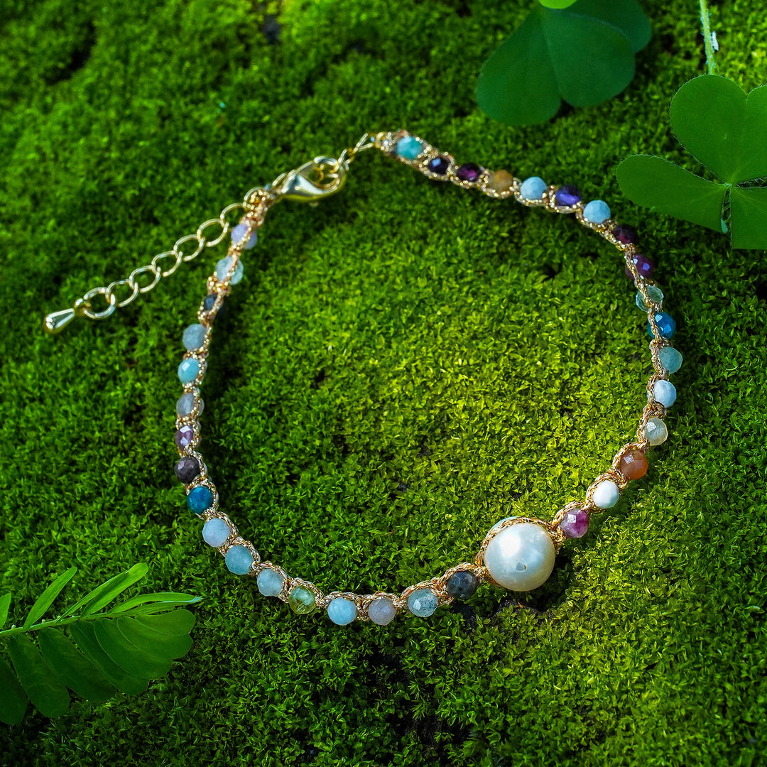 Natural Tourmaline and White Cultured Pearl Beaded Bracelet - Ocean Rainbow