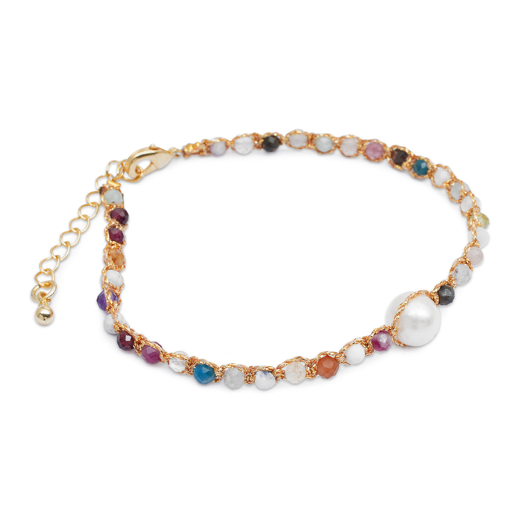 Natural Tourmaline and White Cultured Pearl Beaded Bracelet - Ocean Rainbow