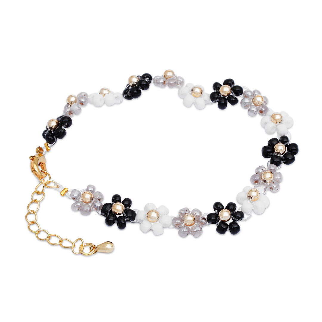 Handcrafted Floral Black and White Crystal Beaded Bracelet - Classic Petals