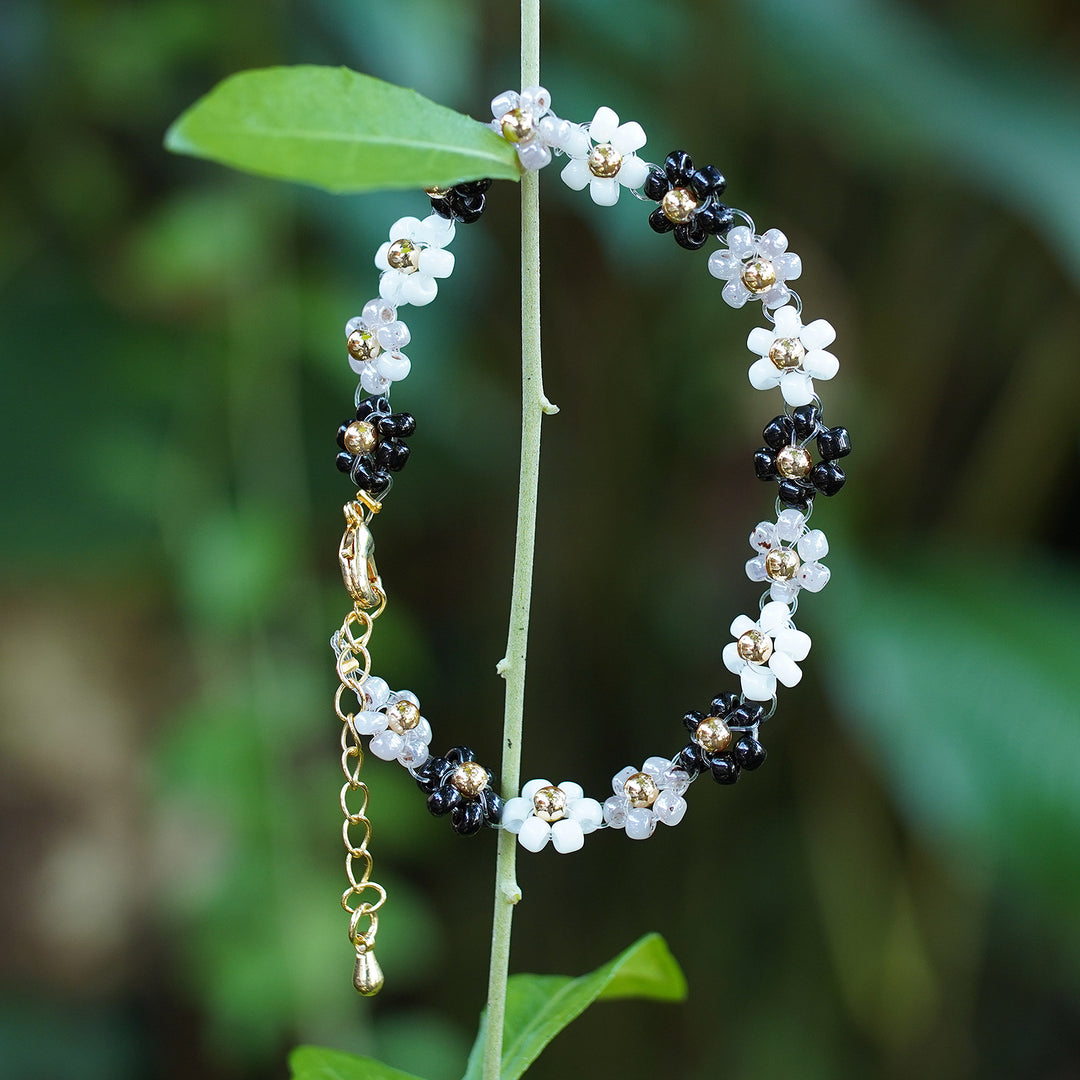 Handcrafted Floral Black and White Crystal Beaded Bracelet - Classic Petals