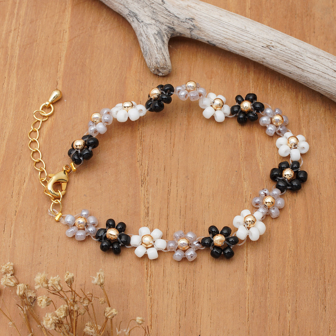 Handcrafted Floral Black and White Crystal Beaded Bracelet - Classic Petals