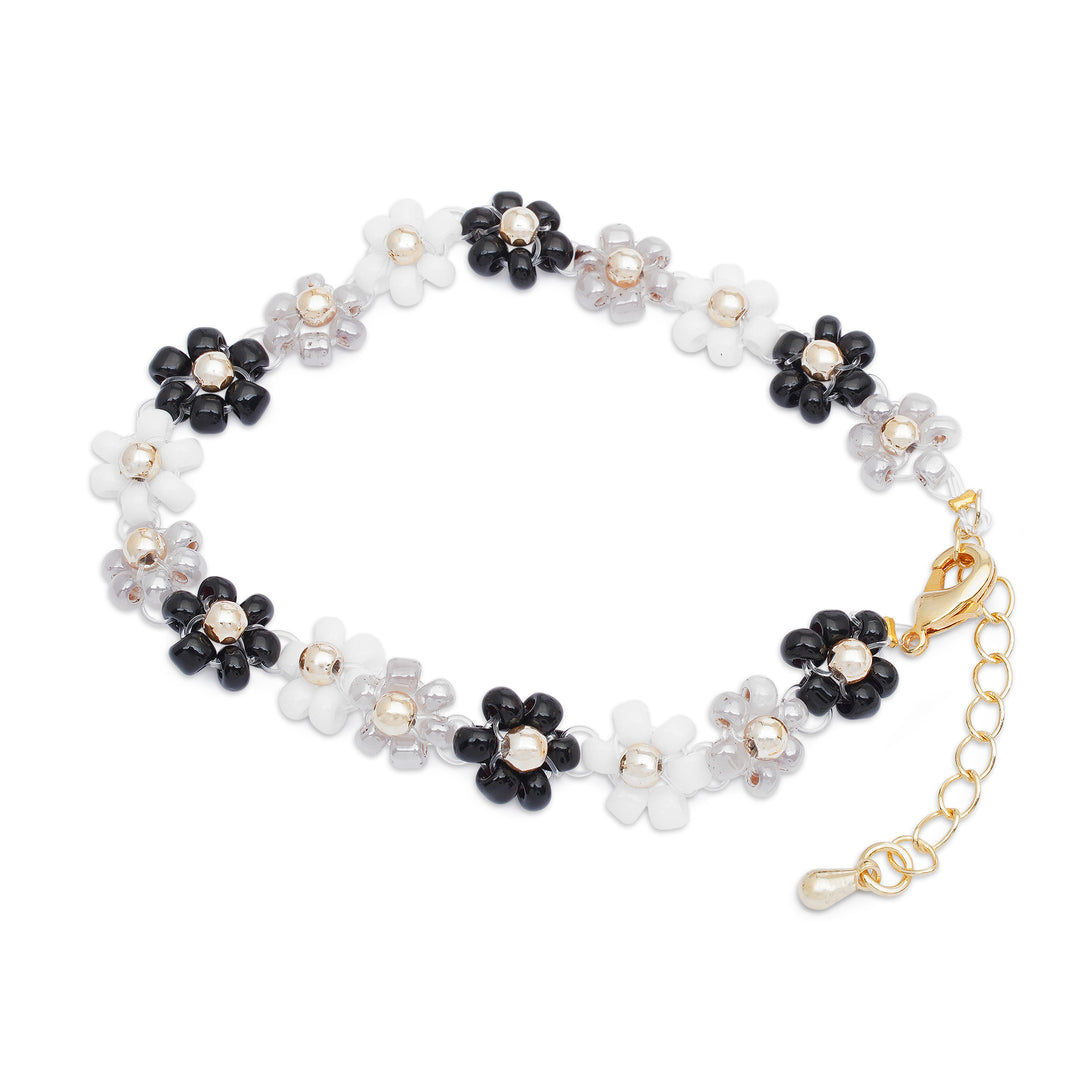 Handcrafted Floral Black and White Crystal Beaded Bracelet - Classic Petals