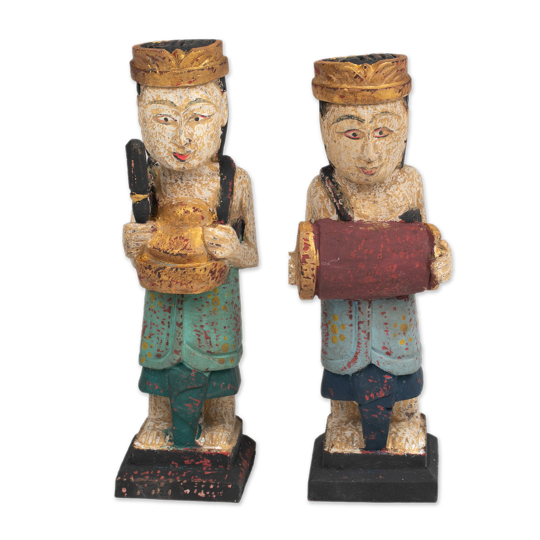2 Wood Sculptures of Men Playing Balinese Musical Instrument - Kempluk Players