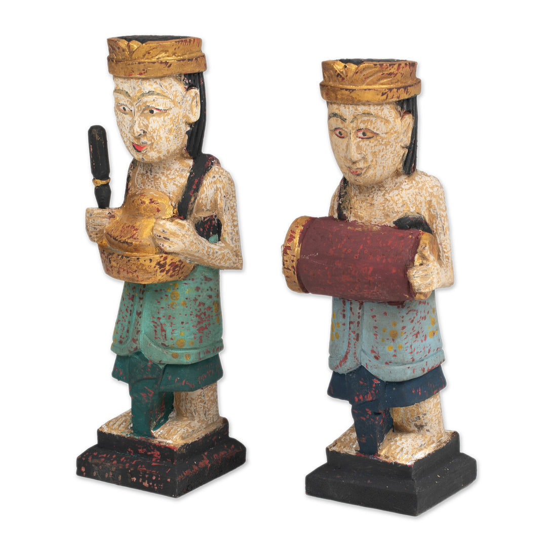2 Wood Sculptures of Men Playing Balinese Musical Instrument - Kempluk Players
