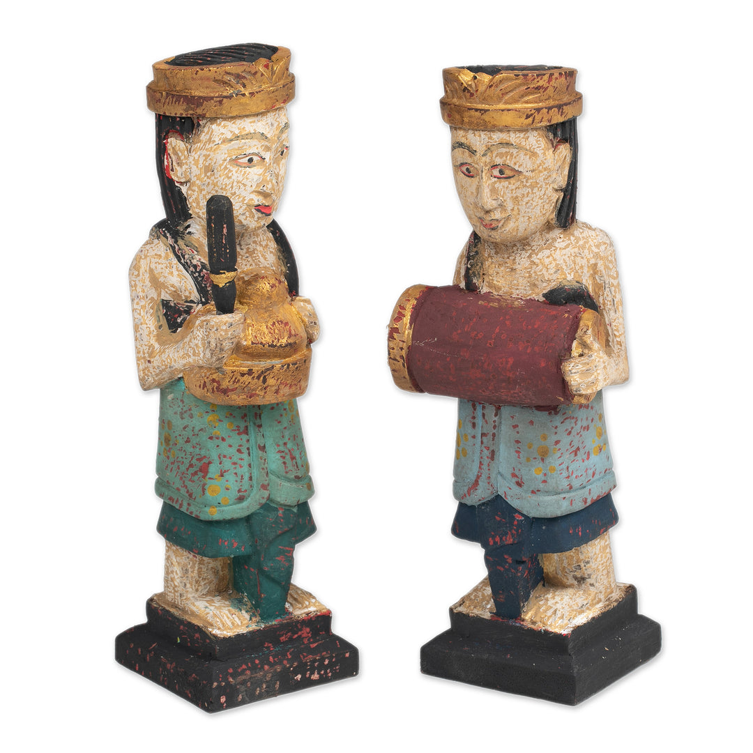 2 Wood Sculptures of Men Playing Balinese Musical Instrument - Kempluk Players
