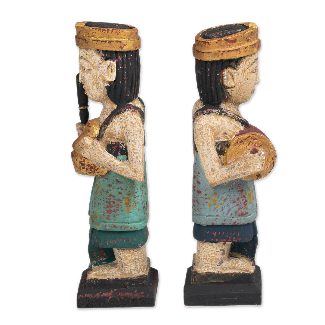 2 Wood Sculptures of Men Playing Balinese Musical Instrument - Kempluk Players