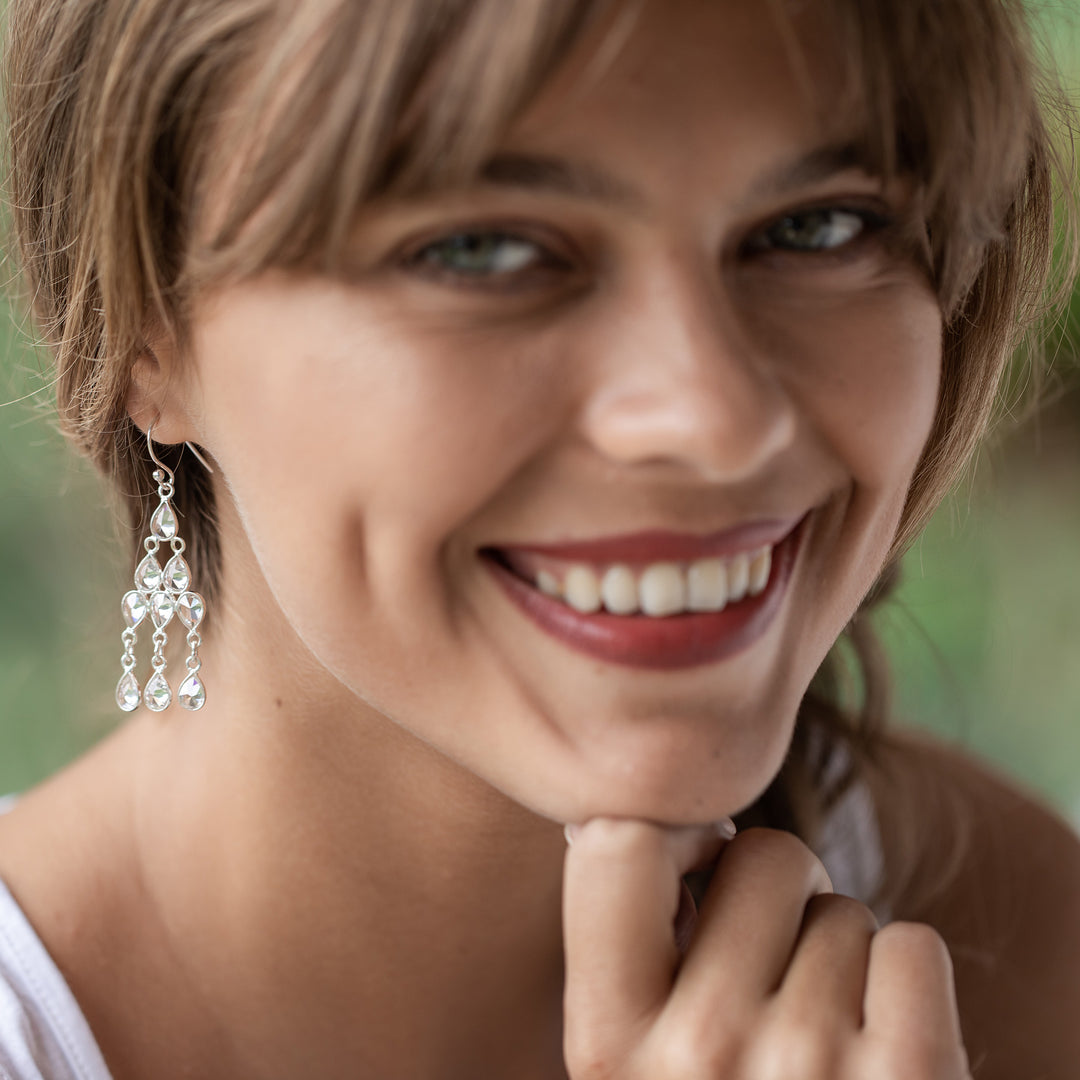 Sterling Silver and Pear Cubic Zirconia Chandelier Earrings - Glimmering Cascade