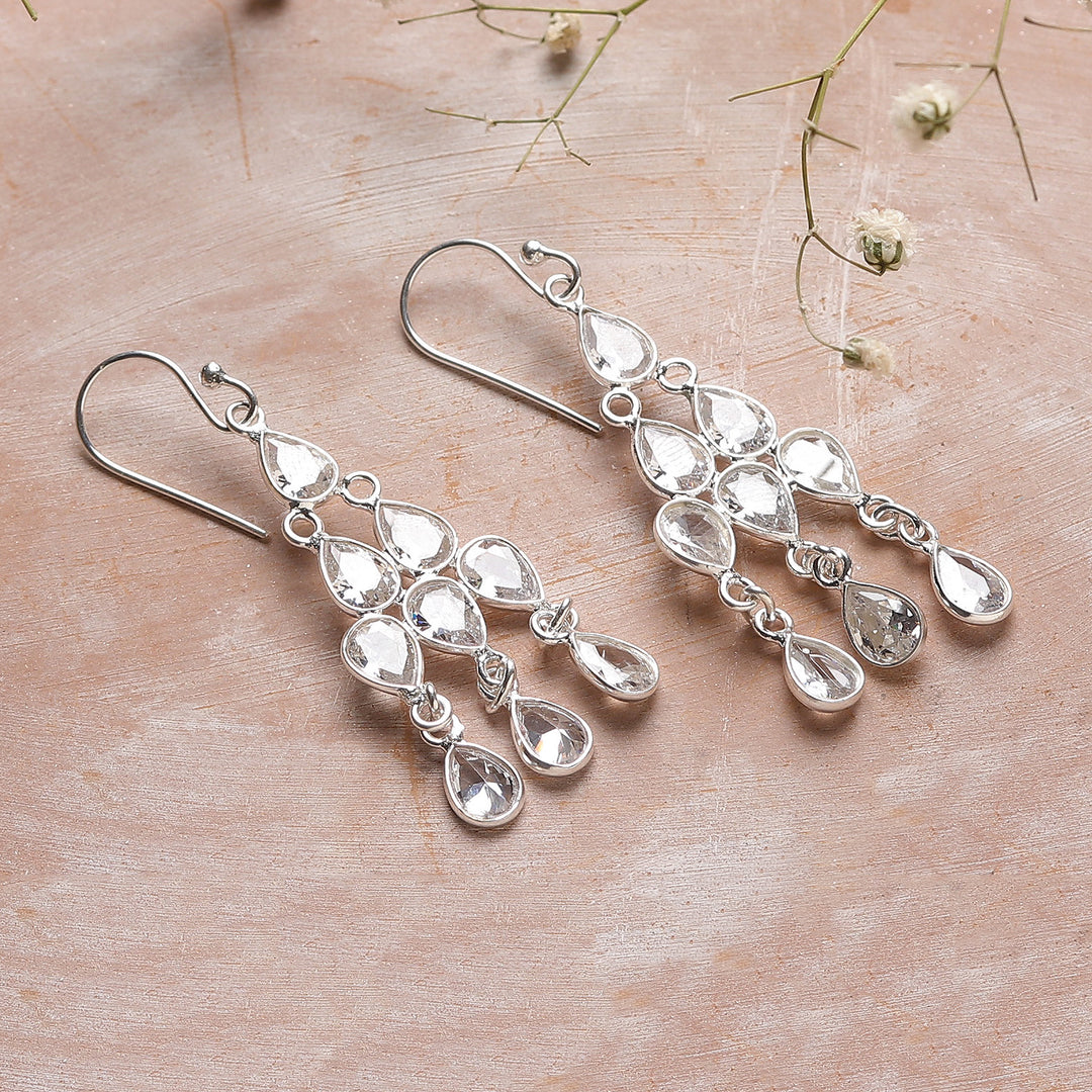 Sterling Silver and Pear Cubic Zirconia Chandelier Earrings - Glimmering Cascade