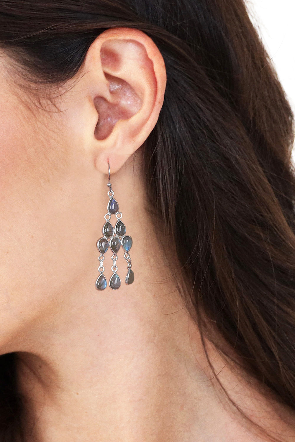 Polished Natural Labradorite Cabochon Chandelier Earrings - Mystic Cascade