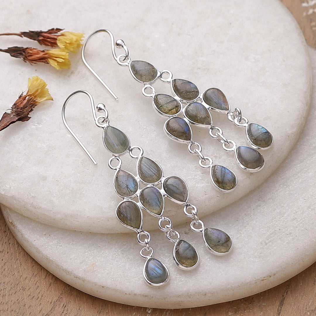 Polished Natural Labradorite Cabochon Chandelier Earrings - Mystic Cascade