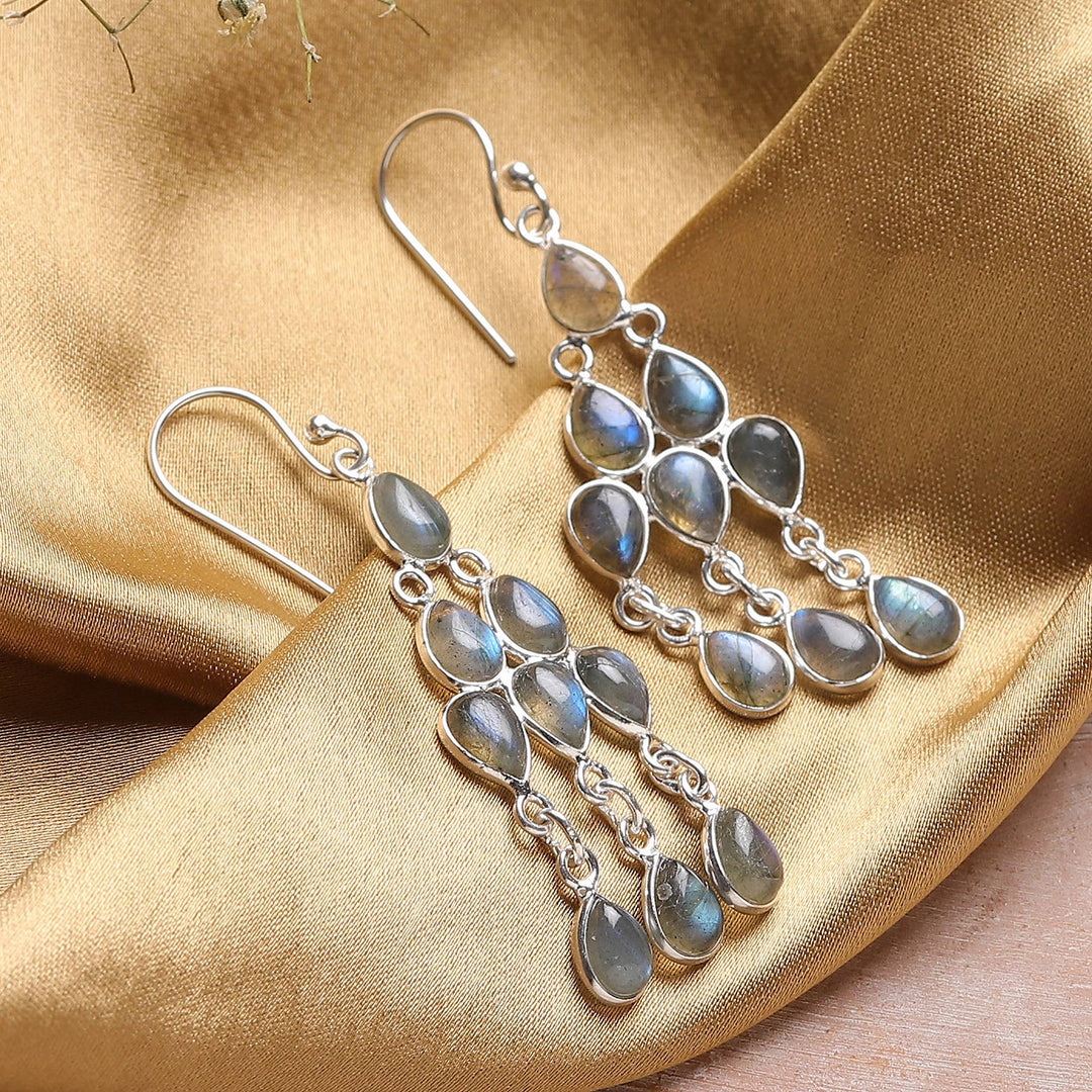 Polished Natural Labradorite Cabochon Chandelier Earrings - Mystic Cascade