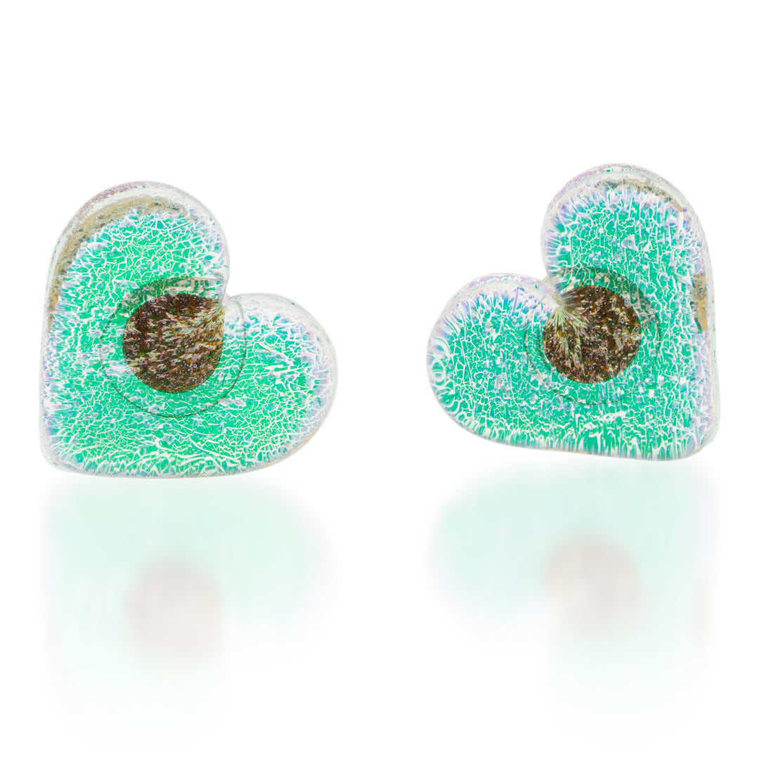 Heart-Shaped Fused Glass Button Earrings with Golden Posts - Dichroic Love