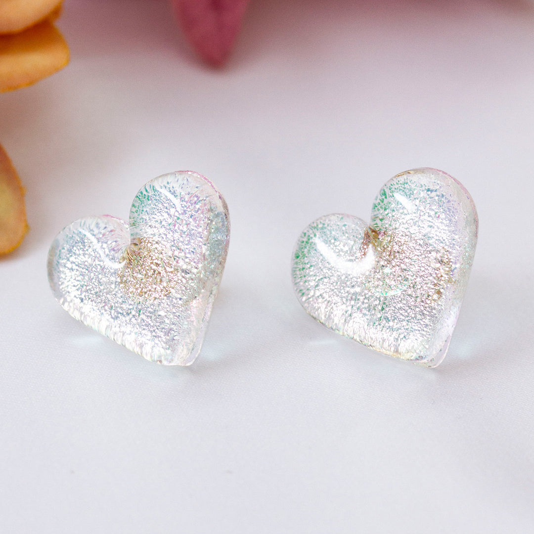 Heart-Shaped Fused Glass Button Earrings with Golden Posts - Dichroic Love