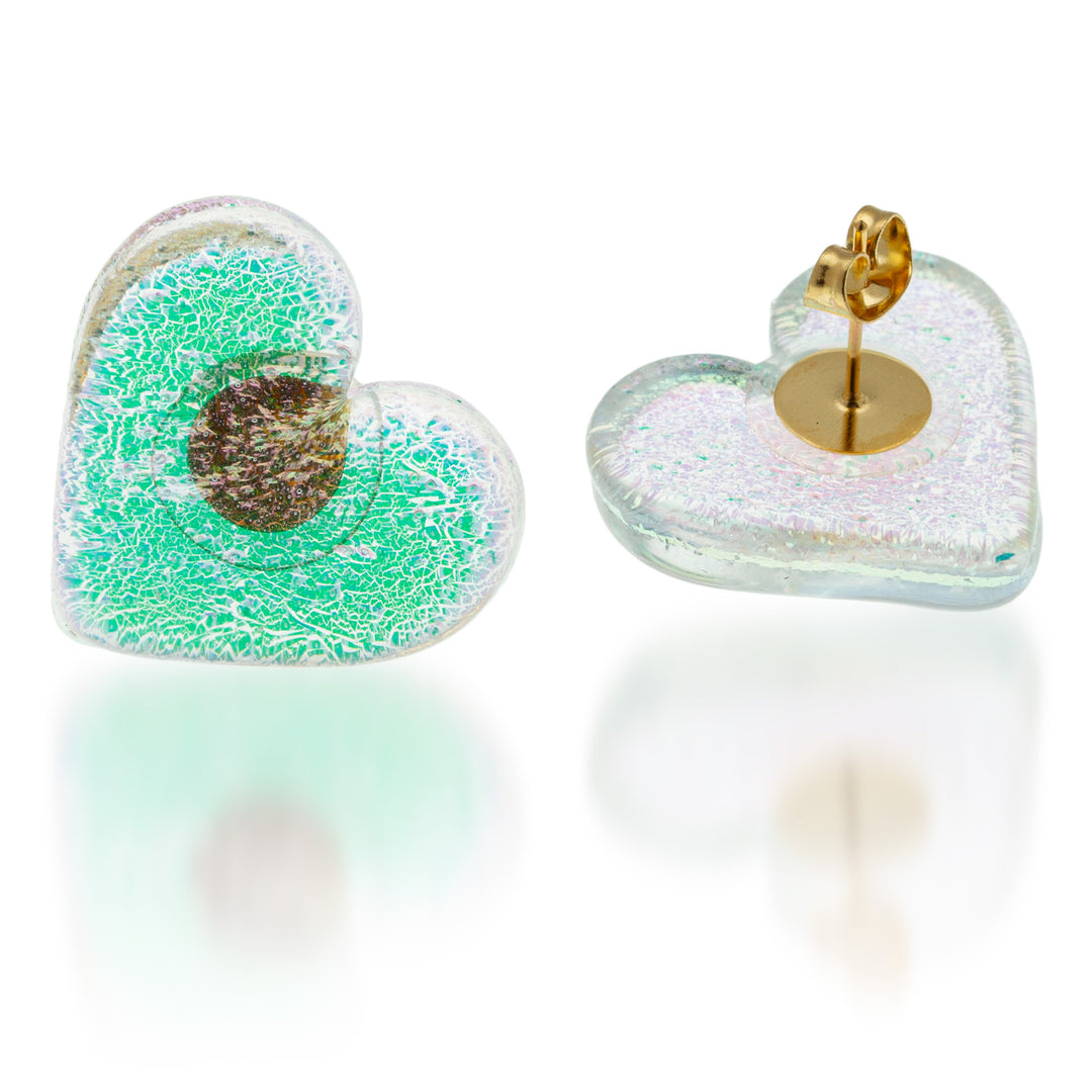 Heart-Shaped Fused Glass Button Earrings with Golden Posts - Dichroic Love