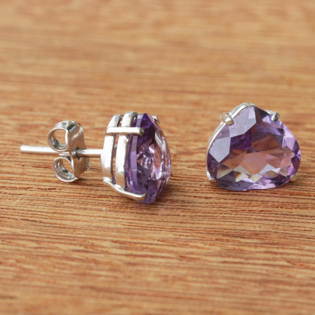 Brazil Heart-Shaped Faceted Amethyst Stud Earrings - Heart of Light