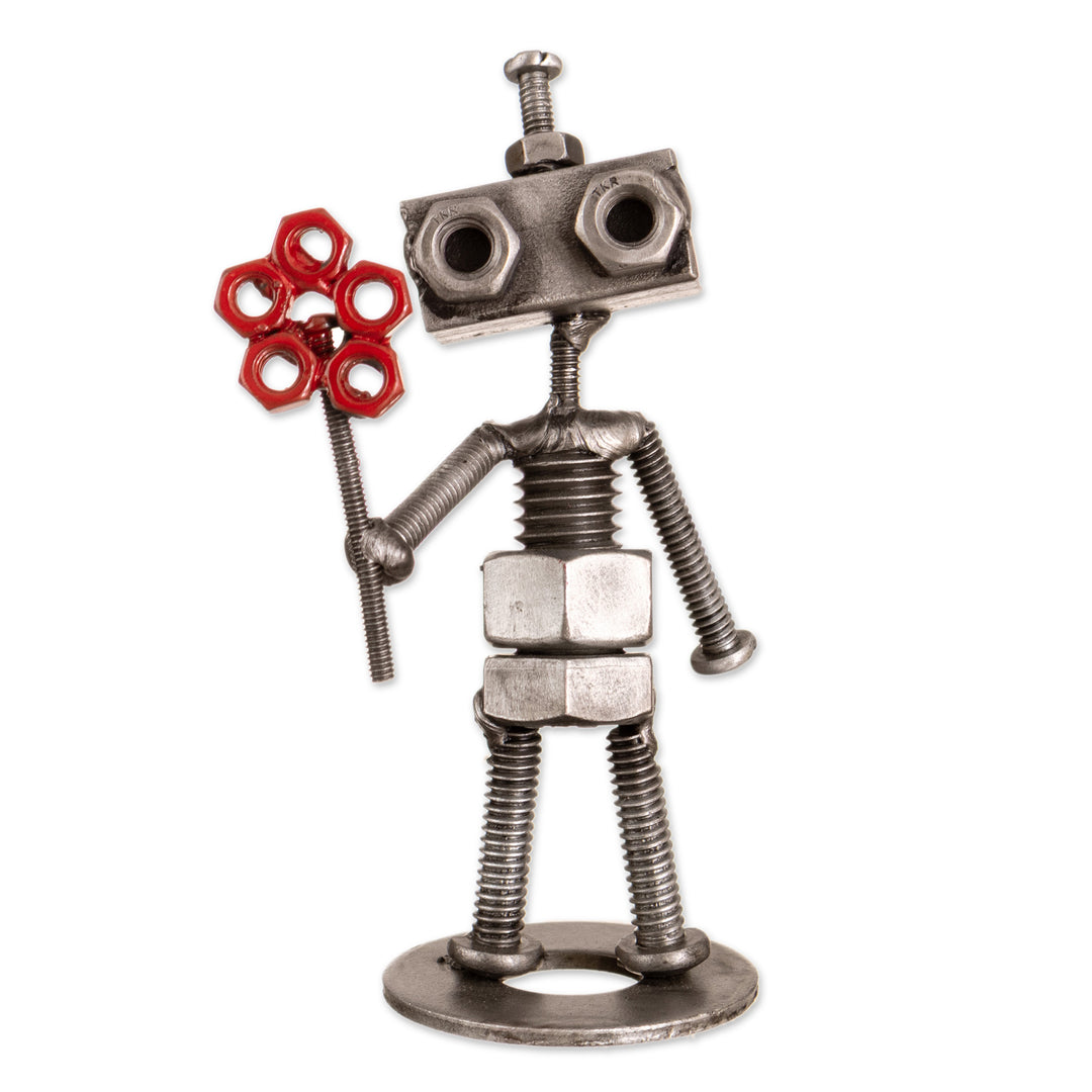Eco-Friendly Recycled Metal Figurine of Robot with Flower - Robotic Love