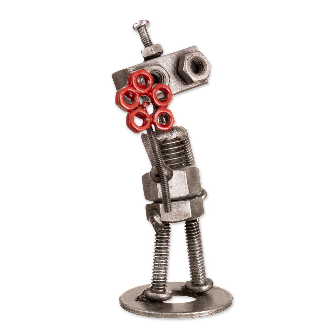 Eco-Friendly Recycled Metal Figurine of Robot with Flower - Robotic Love