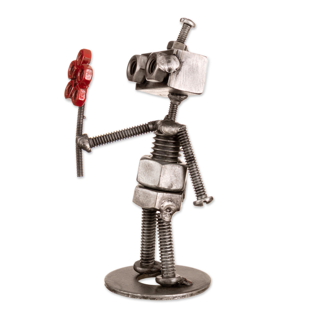 Eco-Friendly Recycled Metal Figurine of Robot with Flower - Robotic Love