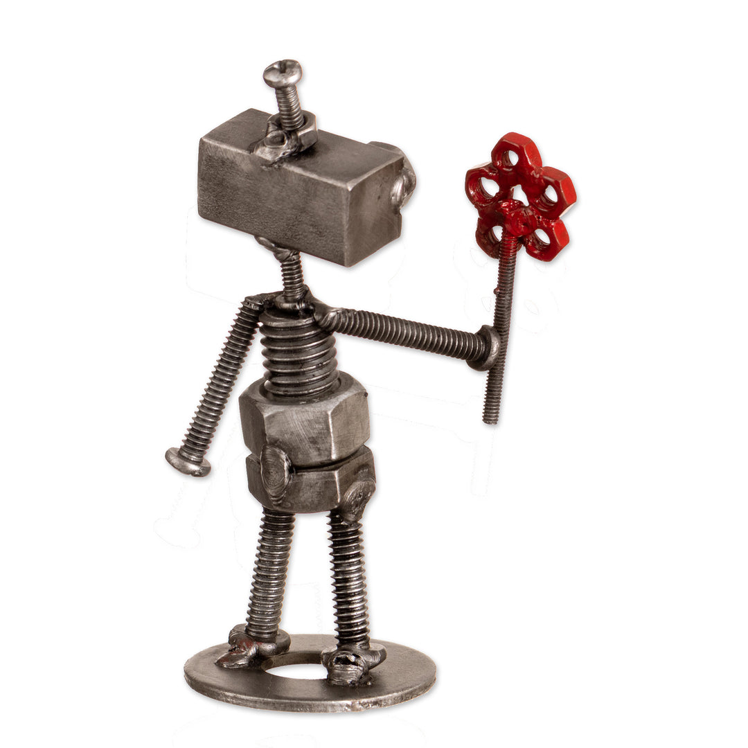 Eco-Friendly Recycled Metal Figurine of Robot with Flower - Robotic Love