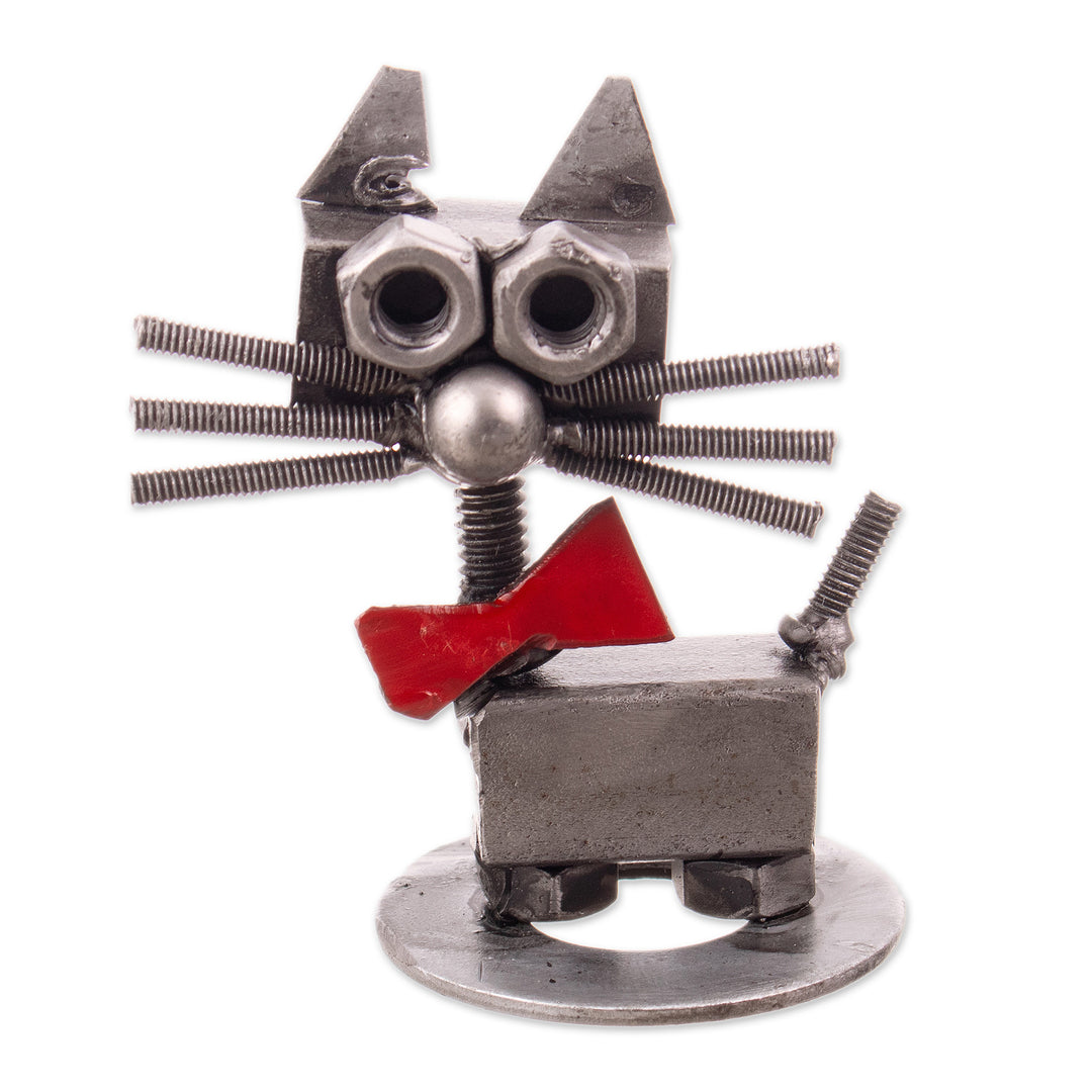 Eco-Friendly Recycled Metal Figurine of a Cat with a Bow Tie - Bow Tie Cat