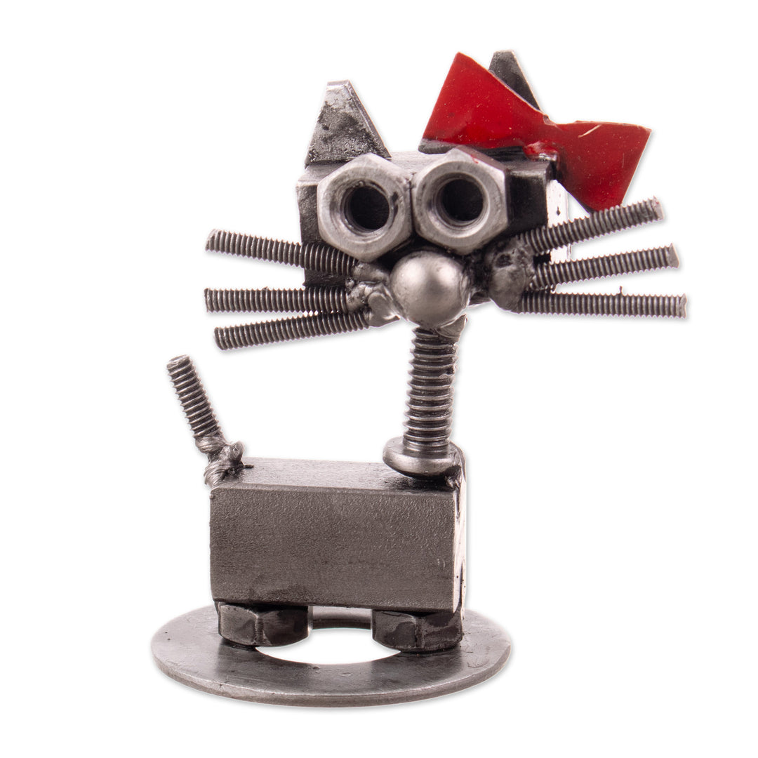 Recycled Auto Part Figurine of Female Cat with a Red Bow - Bow Cat