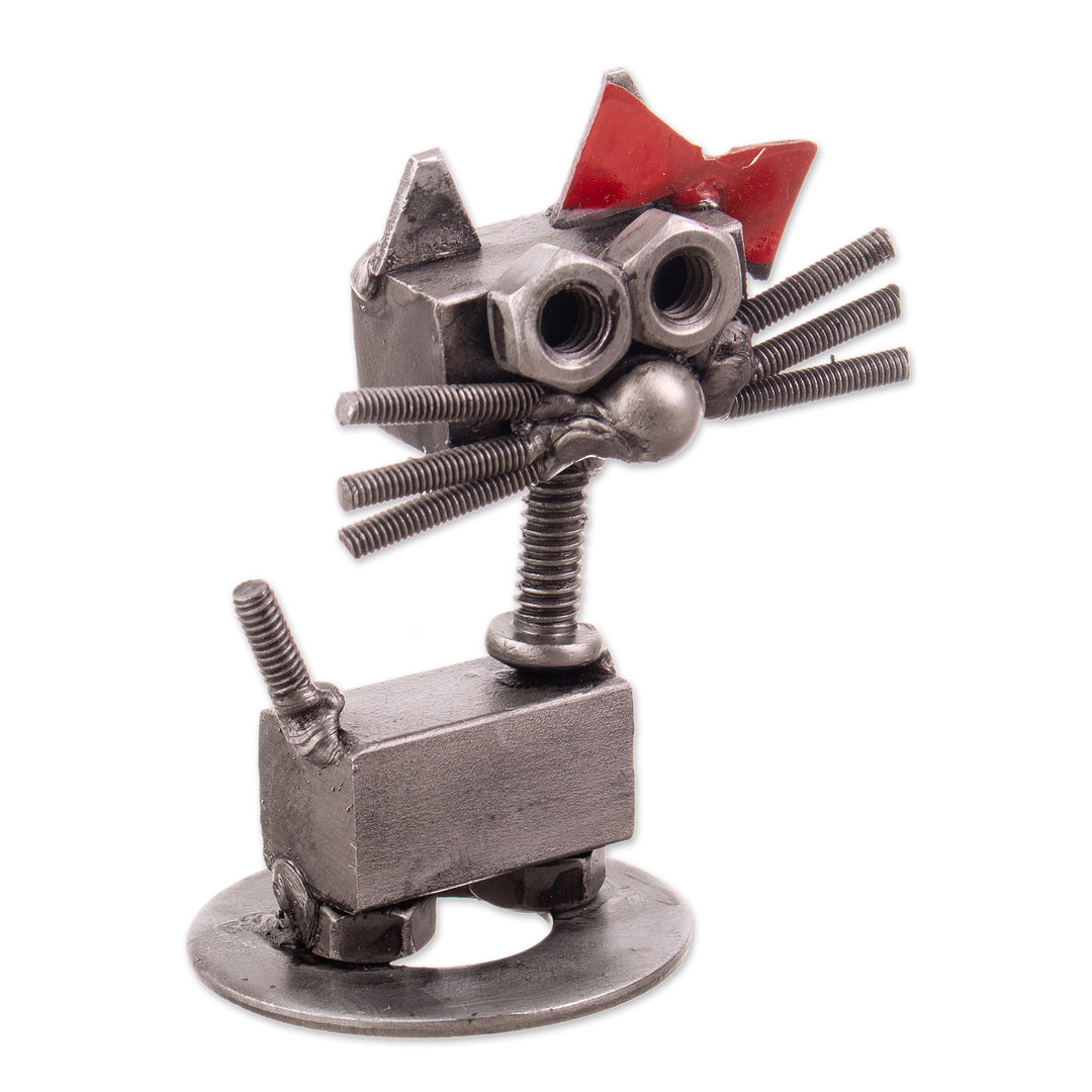 Recycled Auto Part Figurine of Female Cat with a Red Bow - Bow Cat
