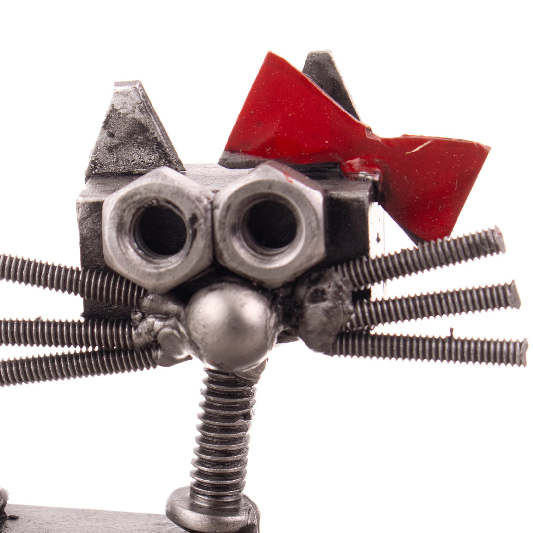 Recycled Auto Part Figurine of Female Cat with a Red Bow - Bow Cat