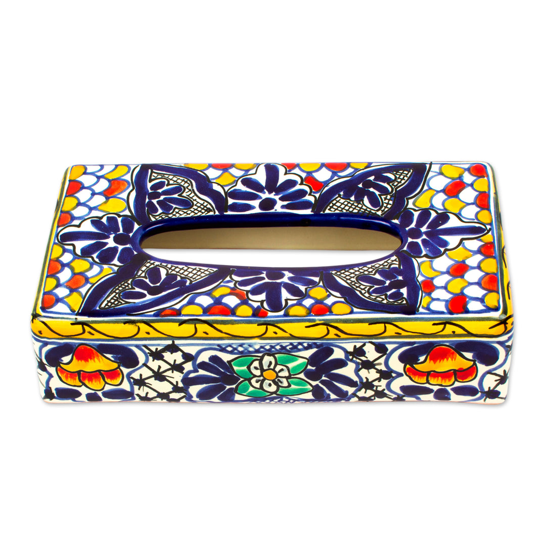 Colorful Ceramic Tissue Box Cover - Cobalt Flowers