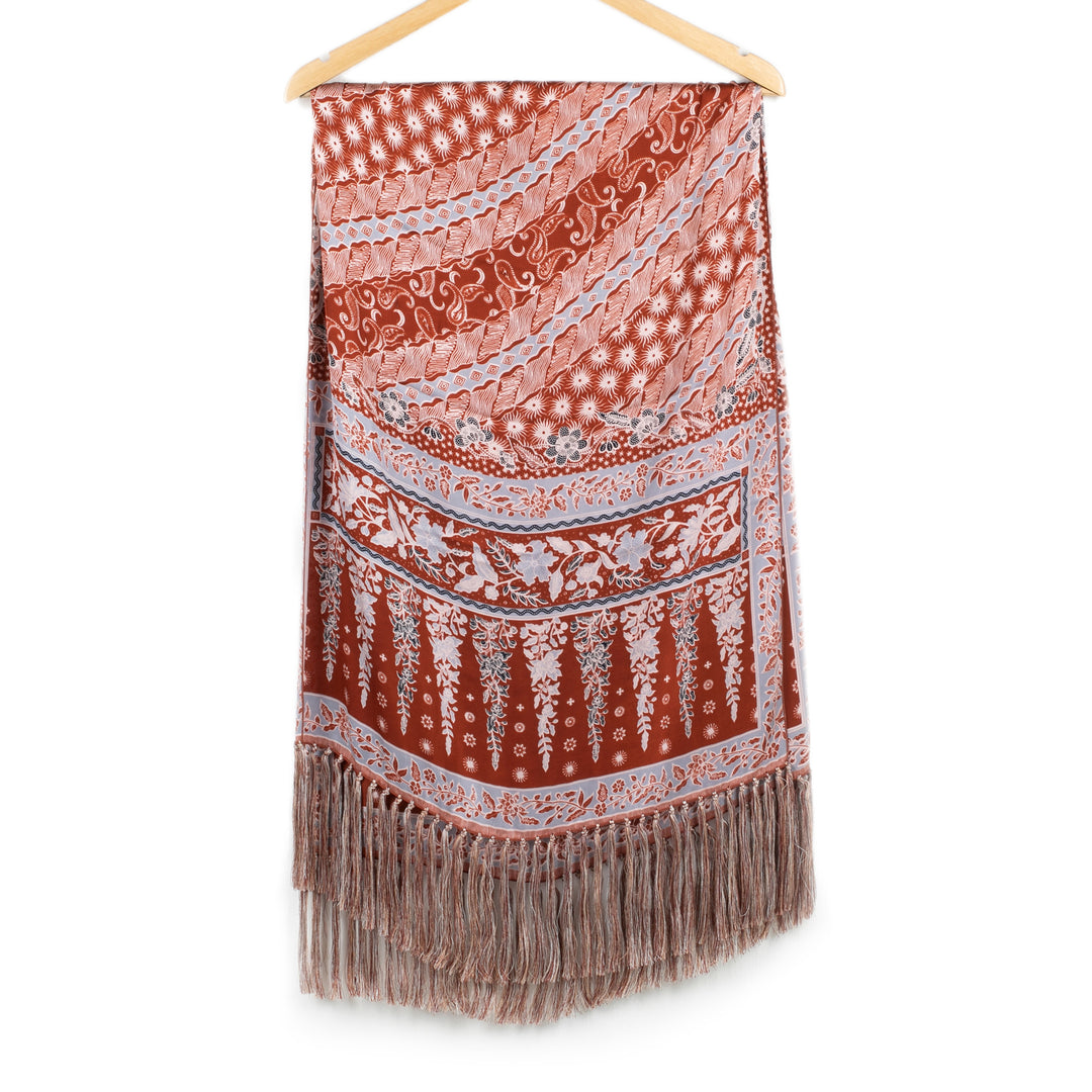 Lengko-Patterned 100% Silk Batik Shawl in Russet and Blue - Russet Lengko