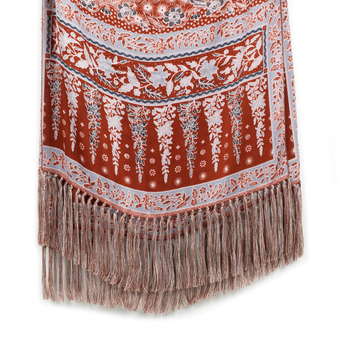 Lengko-Patterned 100% Silk Batik Shawl in Russet and Blue - Russet Lengko