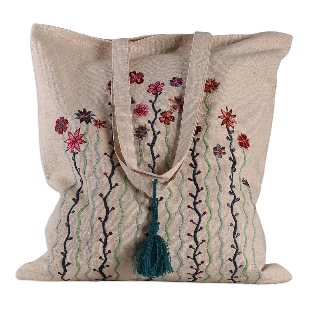 Floral Embroidered Rayon and Cotton Tote Bag Made in India - Blooming Me