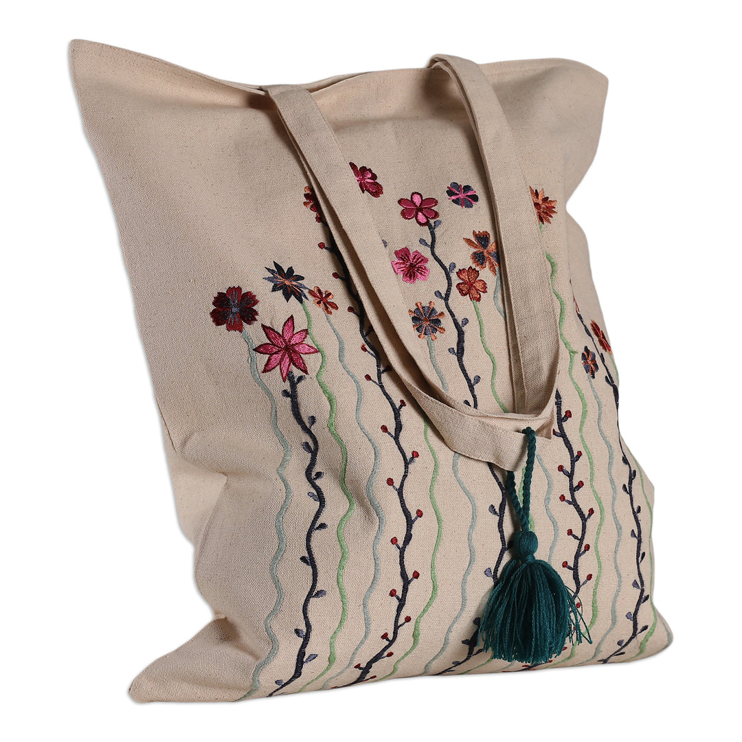 Floral Embroidered Rayon and Cotton Tote Bag Made in India - Blooming Me