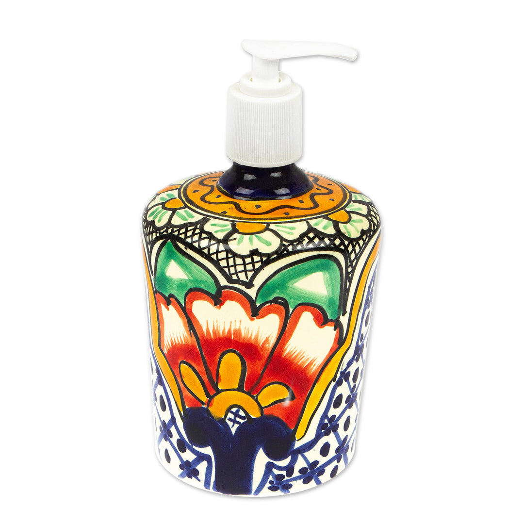 Hacienda-Themed Talavera Ceramic Soap Dispenser from Mexico - Puebla Blooms