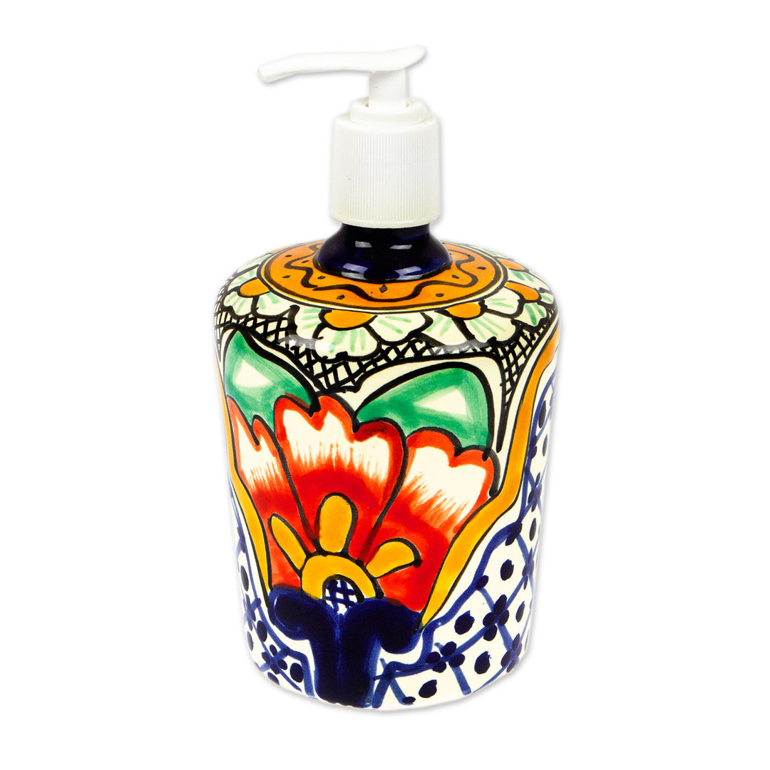 Hacienda-Themed Talavera Ceramic Soap Dispenser from Mexico - Puebla Blooms